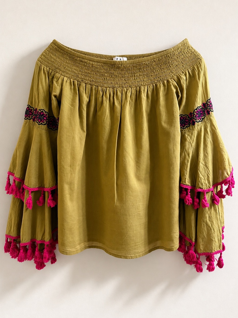 THML Olive Green Embroidered Off-the-Shoulder Tassel Blouse 100% Cotton Size XS